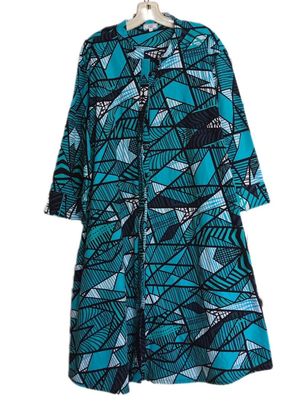 Zuri Teal/ Navy Abstract Print Maxi Dress Artsy Button Down Cotton Plus size 2X